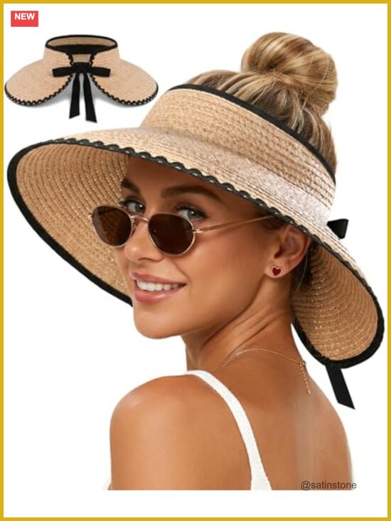 Women\'s Raffia Sun Visor Hat, Packable Wide Brim Beach Visor Ponytail Hat UV main image 5